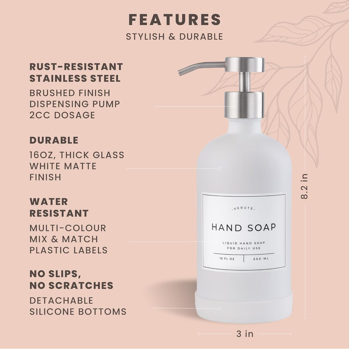 16oz Glass Soap Dispenser with Stainless Steel Pump, 21 Waterproof Labels, Non-Slip Protective Silicone Pad, Set of 2 for Bathroom & Kitchen (Matte White Bottle/Brushed Silver Pump)