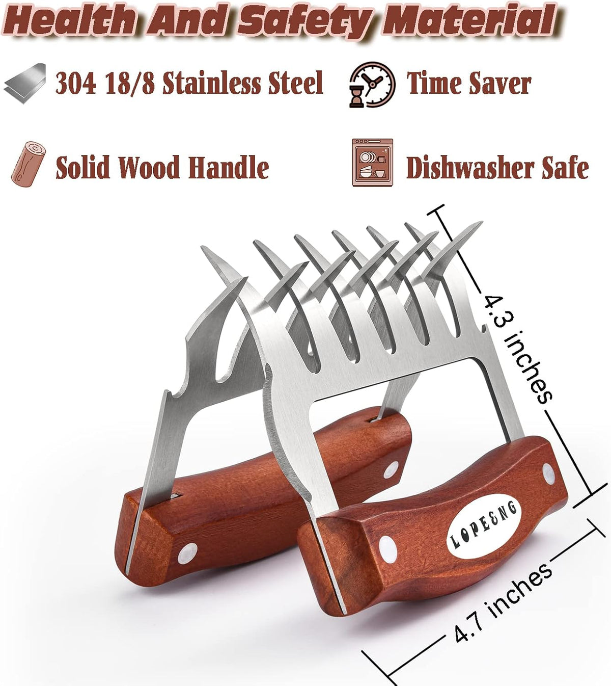 LOPE & NG Meat Handler Shredder Claws Set Of 2 - Wood Stainless Steel BBQ Pulled Pork Paws For Shredding Handing Carving Food