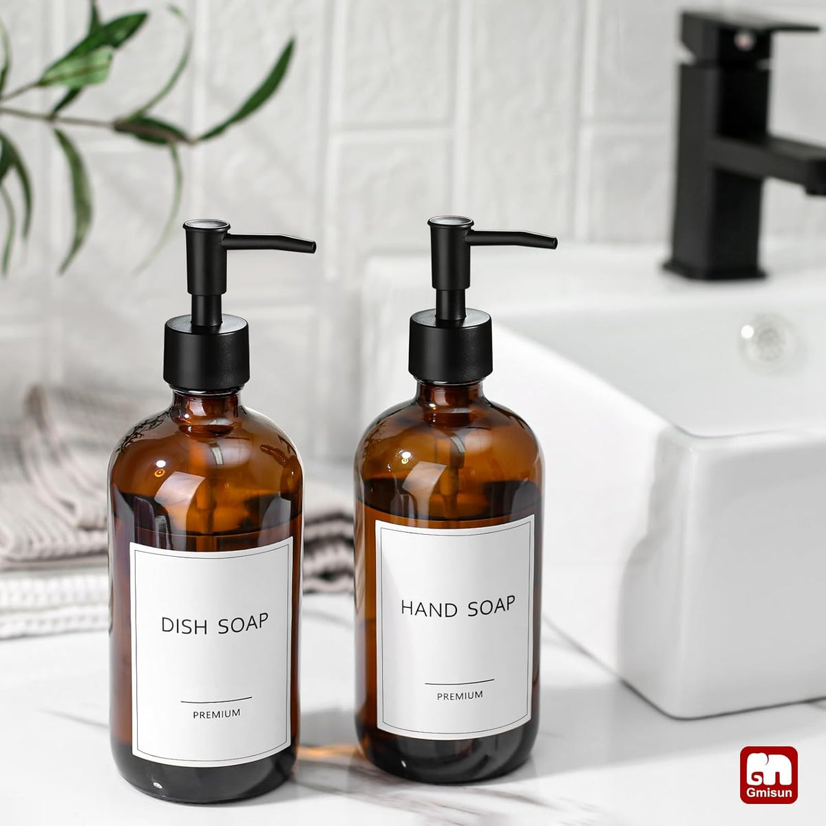 GMISUN Amber Glass Soap Dispenser, 2 Pack Bathroom Hand Soap Dispensers with Stainless Steel Pump, 17 Fl Oz Kitchen Hand and Dish Soap Dispenser Set, Modern Vintage Liquid Brown Soap Dispensers Bottle
