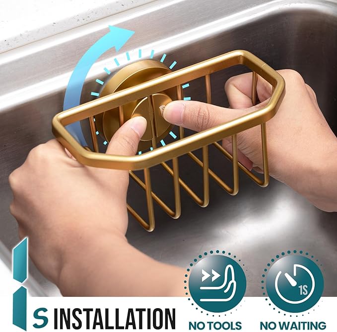 TAILI Sponge Holder for Kitchen Sink with Strong Suction Cup, Rustproof Aluminum Sink Caddy for Sponges, Brushes, Stoppers & Scrapers, Gold