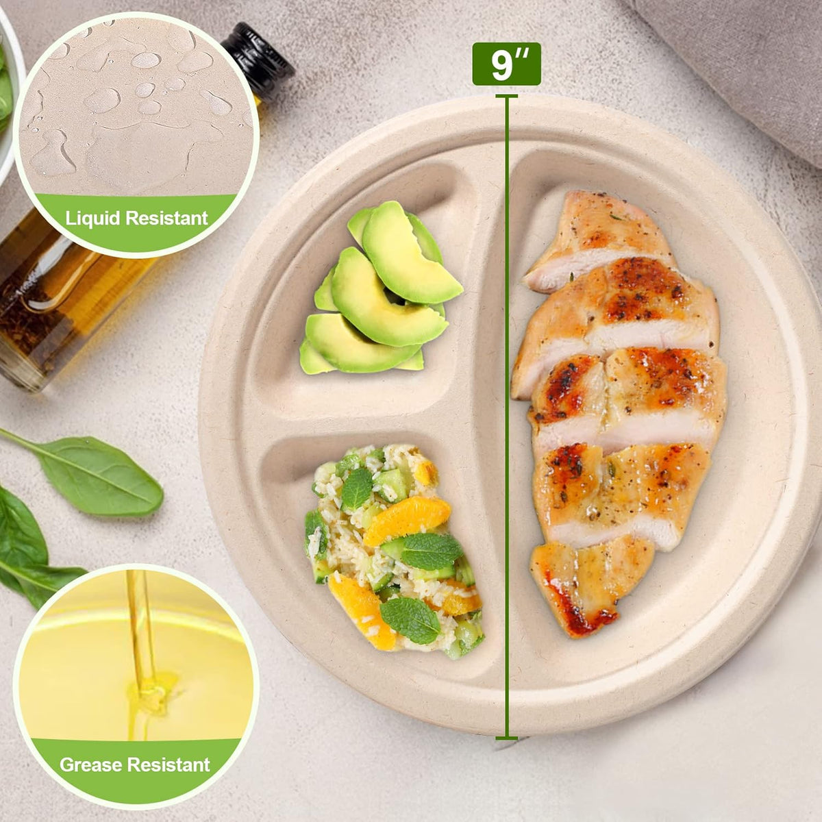 Compartment Plates - Disposable, 9 inch, 100 Pack, Biodegradable, Heavy Duty with Dividers