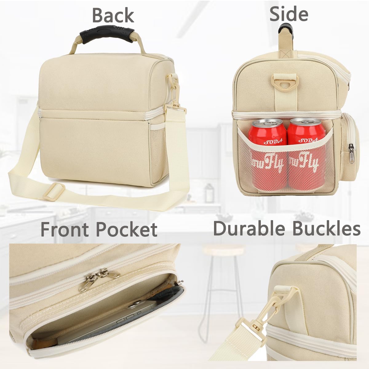 FlowFly Double Layer Cooler Insulated Lunch Bag Adult Lunch Box Large Tote Bag for Men, Women, With Adjustable Strap,Front Pocket and Dual Large Mesh Side Pockets