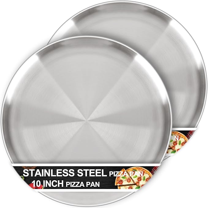AWTBDP Pizza Pan 10 Inch Set of 2 for Oven, Non-Stick Stainless Steel Pizza Steel, Durable Non-Toxic Round Pizza Pans for Cookie Pizza Pie Cake, Dishwasher Safe & Easy Clean