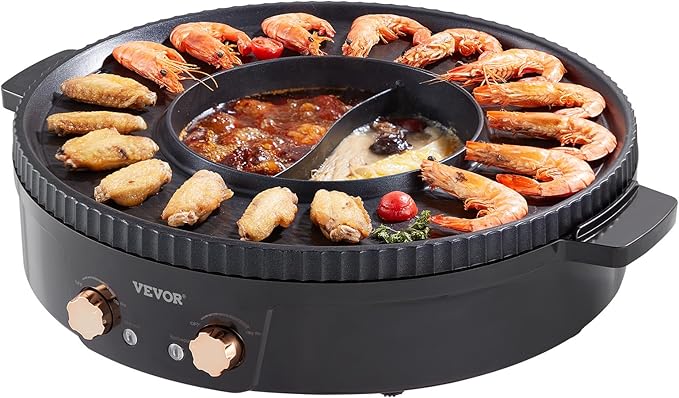 VEVOR Hot Pot with Grill, 1800W 2-in-1 Electric Smokeless Grill and Hot Pot, Korean BBQ Shabu Shabu Hotpot with Separate Dual Temperature Control, Non-stick Pan, for 2-8 People Family Dining