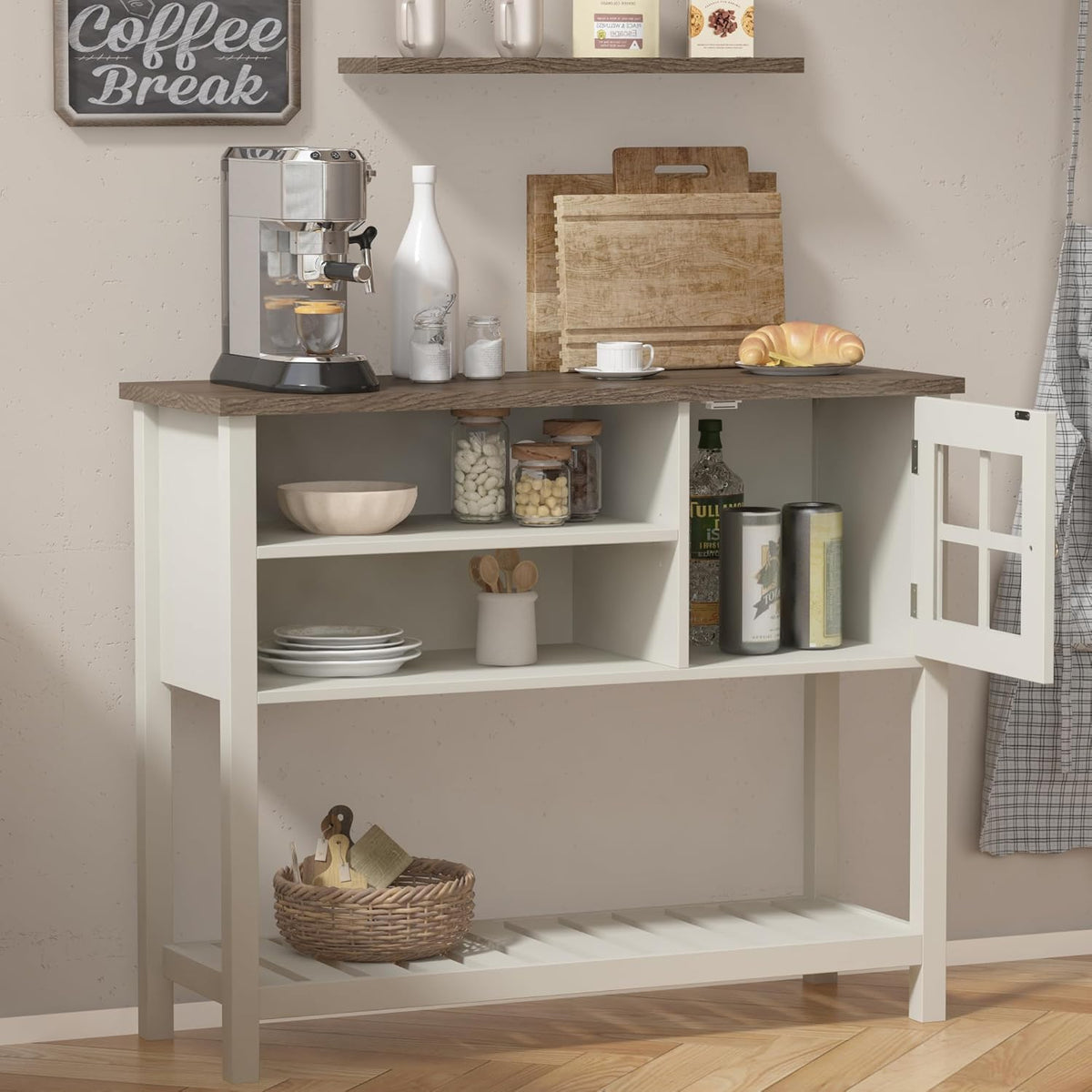 ChooChoo Farmhouse Coffee Bar Cabinet, Buffet Cabinet with Storage, Sideboard Buffet with Glass Door, Console Table for Kitchen, Hallway, Entrance, White