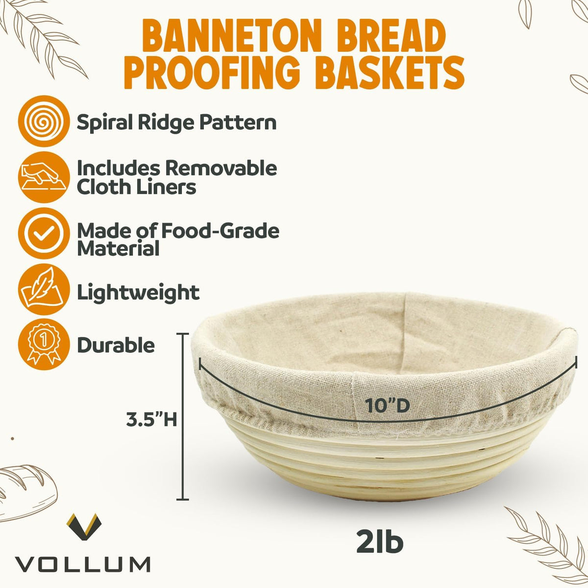 Banneton Bread Proofing Basket Sourdough Proofing Basket for Beginner & Professional Bakers, Handwoven Rattan Cane Bread Maker with Linen for Artisan Breads, 10 x 3.5 In, 2-Pound Round Brotform