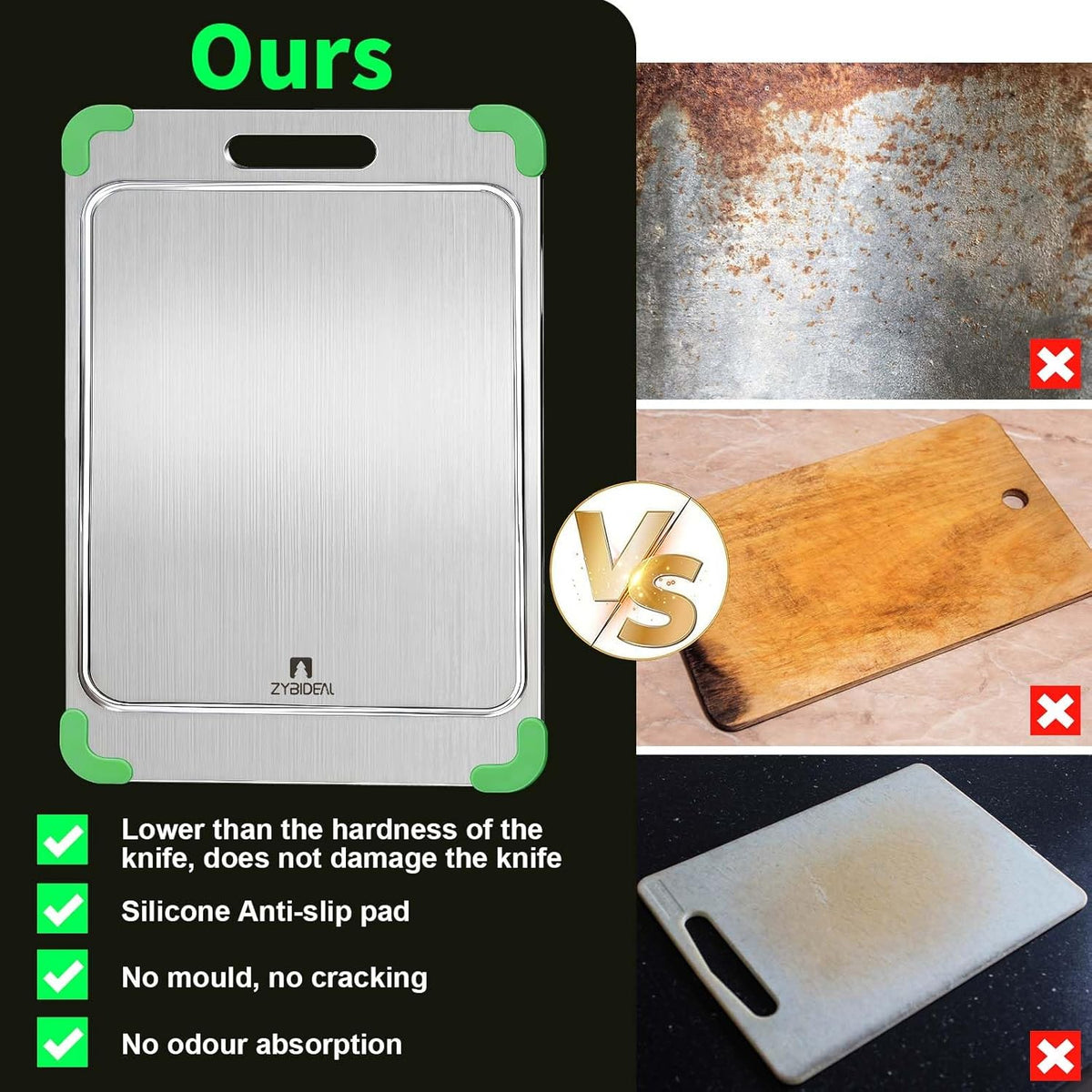 3Pcs 100% Pure Titanium Cutting Board with Grooves, Update Double Side Titanium Chopping Board, Silicone Anti-slip Stainless Cutting Boards Set for Kitchen, Green