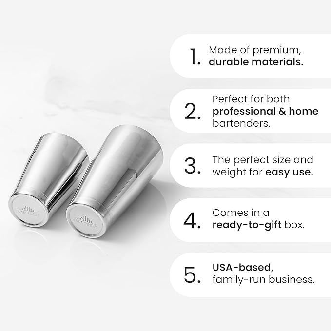 A Bar Above Professional Boston Shakers Set 18 oz Weighted Stainless Steel Cocktail Shaker Set for Bartenders, Premium 304 Steel Bar Shaker, Essential Bartending Tools for Mixing Drinks