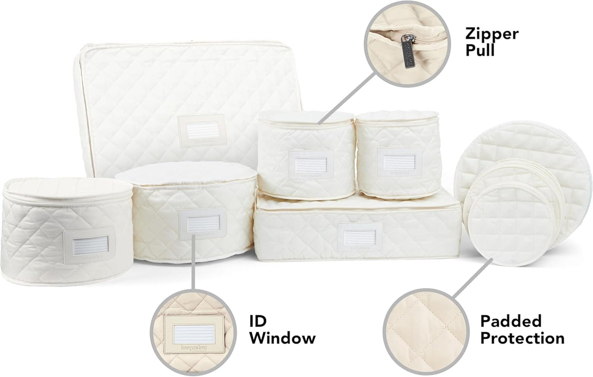 Covermates Keepsakes - Dish Storage Set - Padded Protection - ID Window - Stain Resistant - Machine Washable - China Storage, Cream