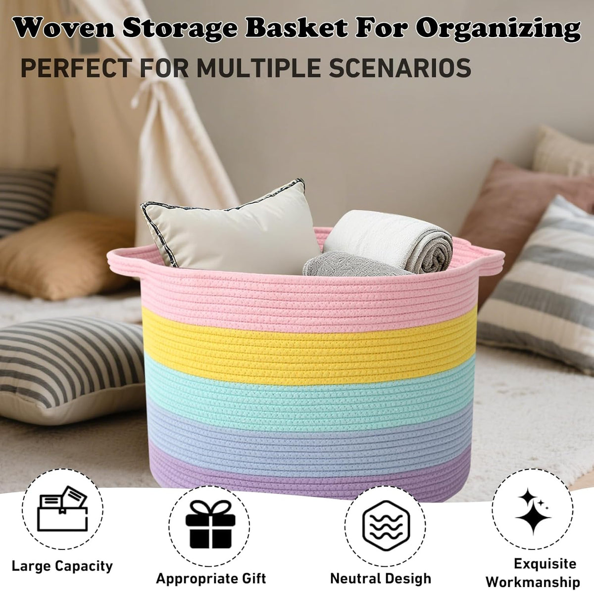 Large Blanket Basket for Organizing,65L Closet Organizers and Storage Bins Box for Shelves Woven Rope Storage Baskets,Living Room,Bedroom,Dorm,Laundry room (Colorful)
