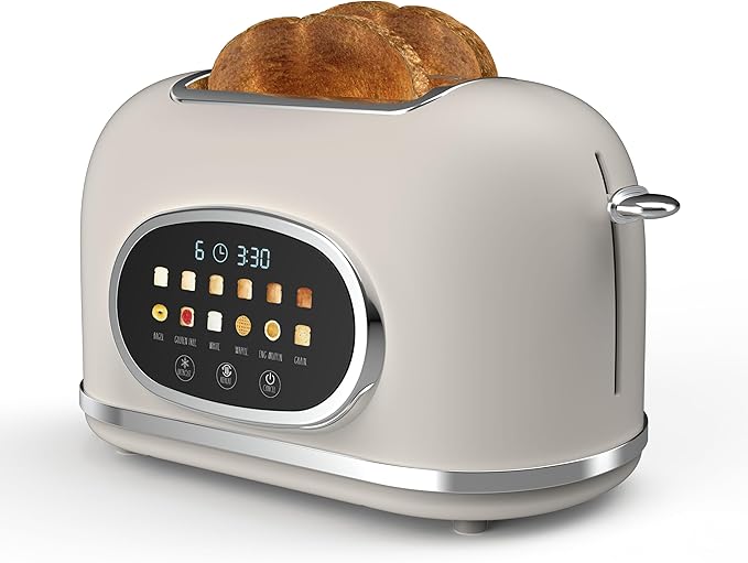 Rae Dunn Retro Digital Electric Toaster, 2 Slice Stainless Steel Toaster With Touchscreen, Countdown Timer, 6 Shade Settings, Wide Slots, High Lift Lever, Bagel, Defrost & Reheat, Digital Cream