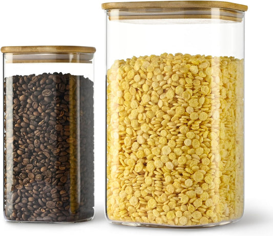 156oz 52oz Airtight Glass Square Storage Canister with Bamboo Lid Set of 2(4600ml*1 1550ml*1) Large Gallon Glass Jars for Sugar, Flour, Cookies and Coffee beans (‎with Black Lable)