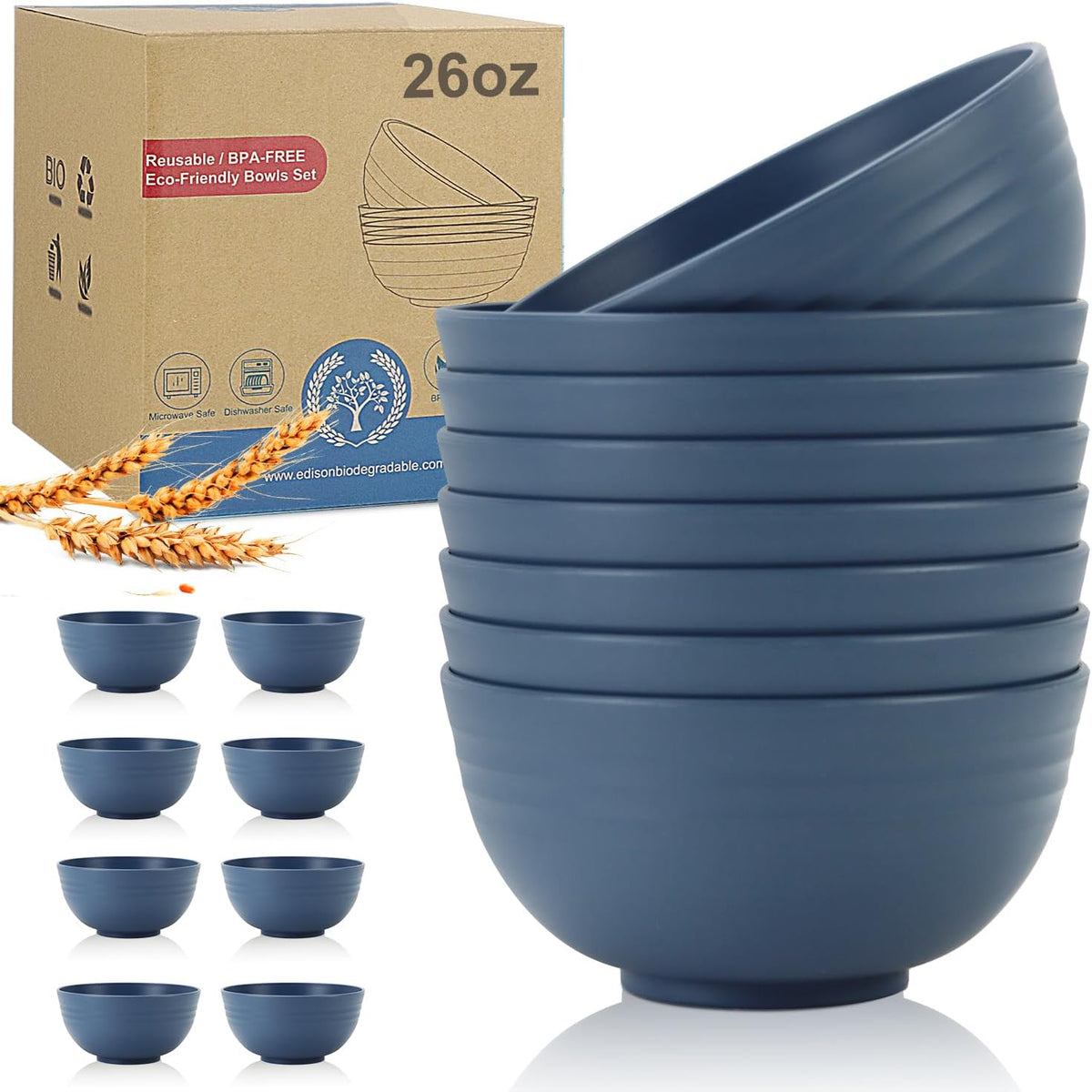 Wheat Straw Bowl Sets,8 PCS Unbreakable Cereal Bowls 26 OZ,Microwave and Dishwasher Safe Bowls,Kitchen Bowl suitable for cereal,salad,snack and soup (Navy Blue)