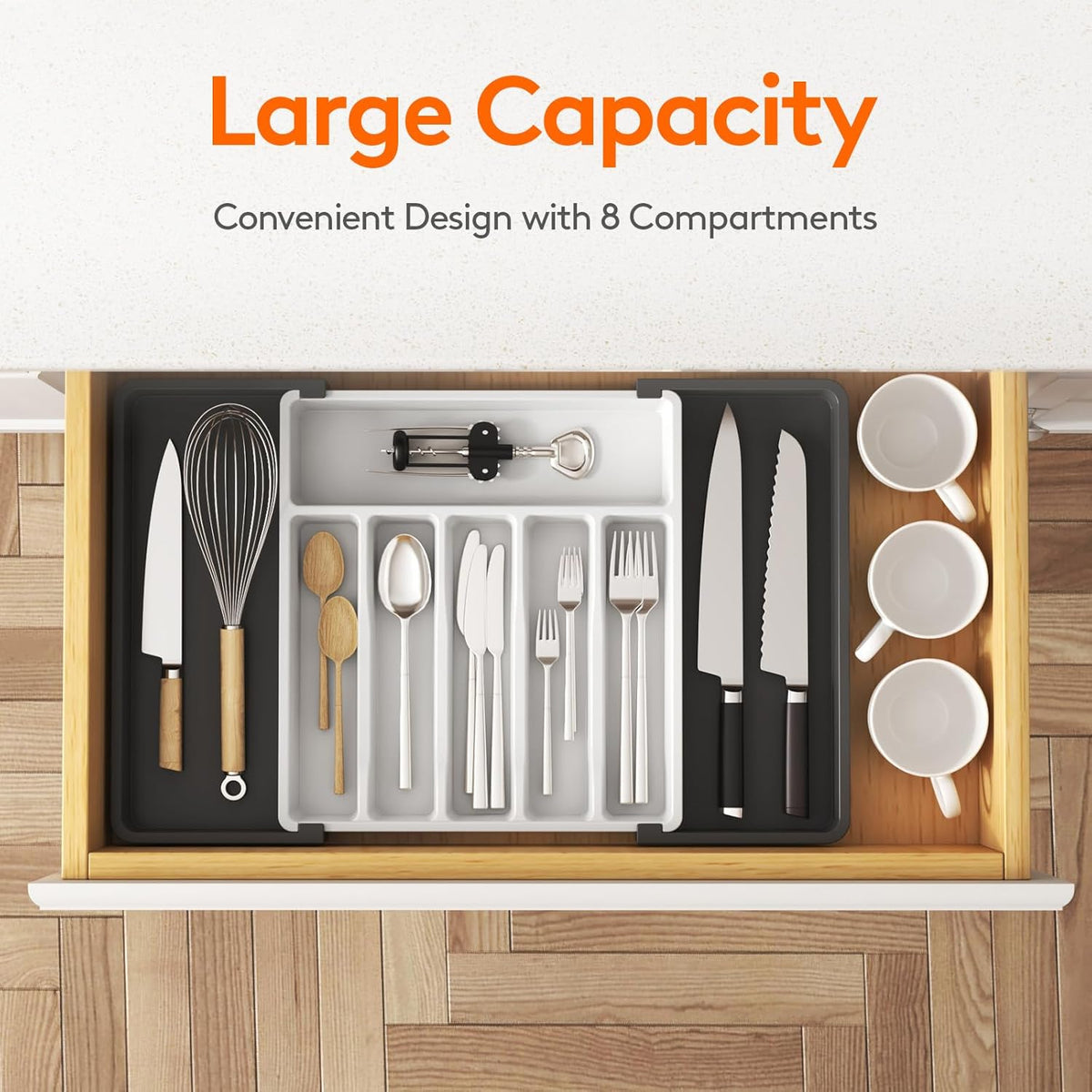 Lifewit Silverware Drawer Organizer, Expandable Utensil Tray for Kitchen, BPA Free Flatware and Cutlery Holder, Adjustable Plastic Storage for Spoons Forks Knives, Large, White&Black
