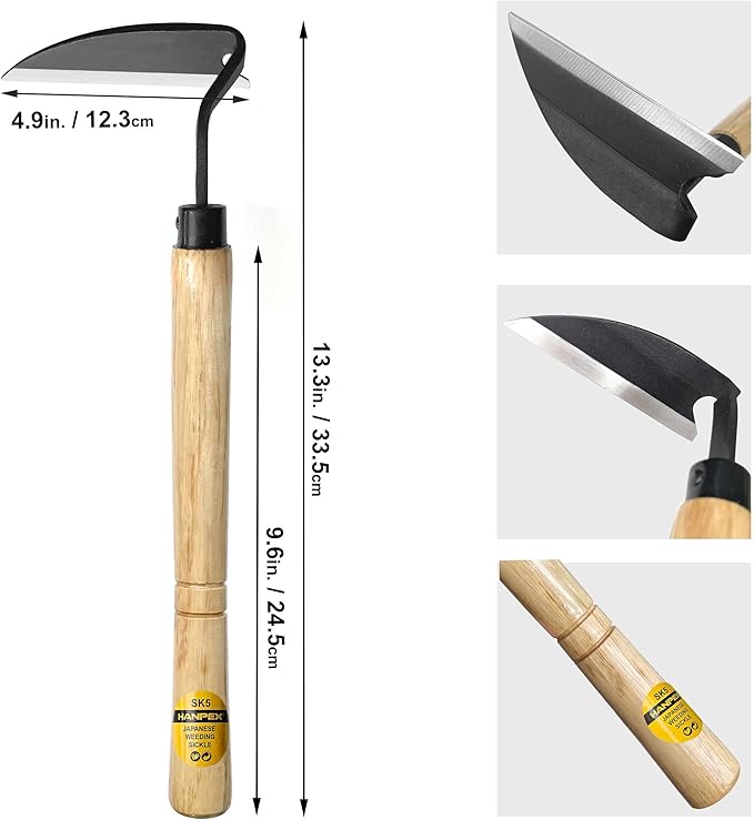 Japanese Weeding Sickle, Wide Blade Gardening Tools - Premium Quality Hand Hoes/Weeding Sickle Have Very Sharp Edge for Quick Work (Long Handle)