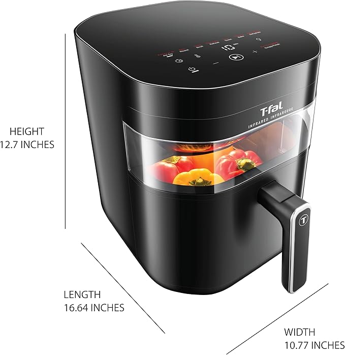 T-fal Infrared Air Fryer, 2x Faster Than Traditional Heating*, Large Air Fryer Dehydrator Combo, 8 Cooking Functions, Window With Light, No-Shake Technology, Dishwasher Safe, 1800W, Black
