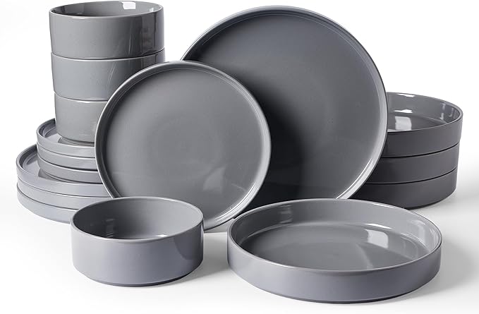 Famiware Nebula Dinnerware Set with Pasta Bowls, Service for 4 (16pcs), Fine Stoneware Plates and Bowls Sets, Microwave and Dishwasher Safe Dishes Set, Dark Gray