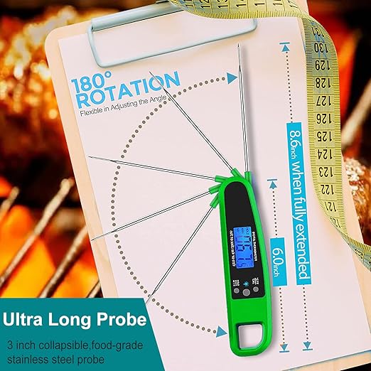 Instant Read Meat Thermometer for Kitchen Cooking, Ultra Fast Precise Waterproof Digital Food Thermometer with Backlight, Magnet and Foldable Probe for Deep Fry, Outdoor BBQ, Grill(Green)