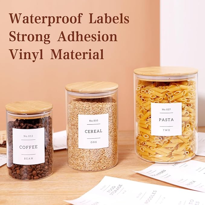 3 Pcs Glass Canisters with Airtight Bamboo Lids and 42 Kitchen Pantry Labels Preprinted - Clear Glass Flour and Sugar Storage Container Set - Large Glass Jars with Wood Lids(100 OZ/54 OZ/27 OZ)