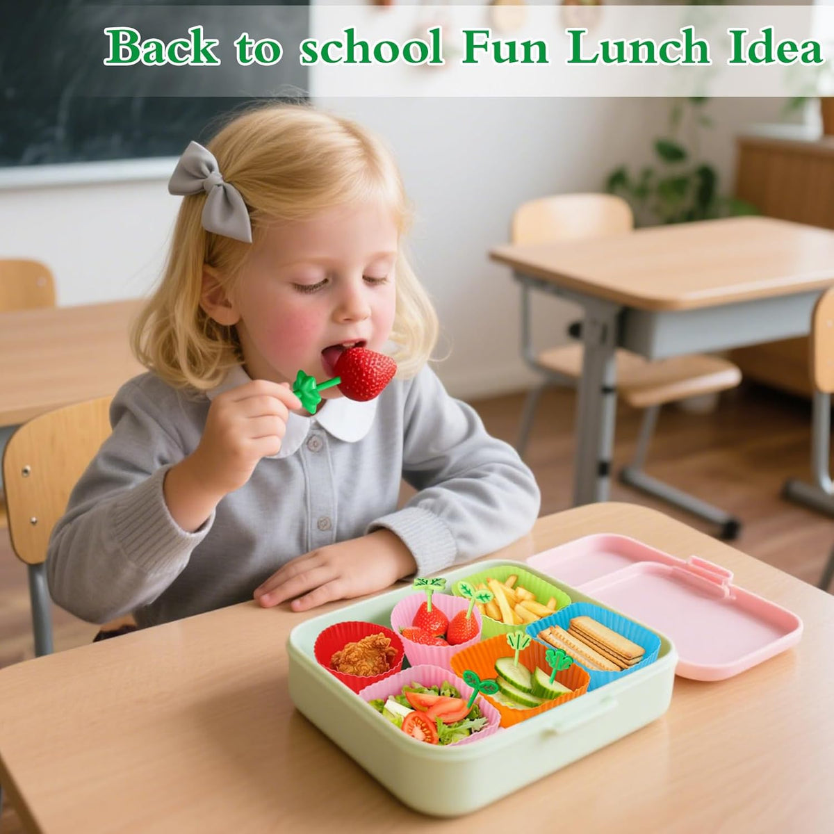 Palksky Bento Box Dividers, 50 Pack Silicone Lunch Box Dividers with 8 PCS Leaf Food Picks, 3 Shapes of Reusable Kids Lunch Accessories, Container To Go