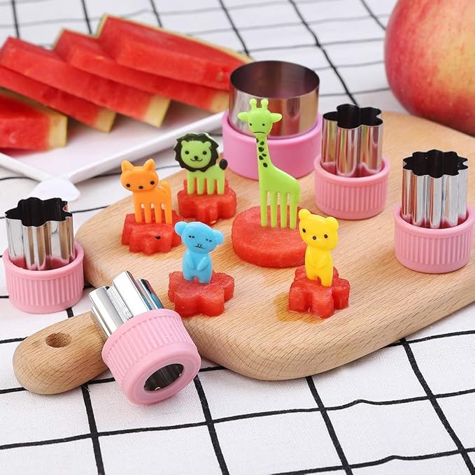 Vegetable Cutters Shapes Set, 20pcs Stainless Steel Mini Cookie Cutters, Vegetable Cutter and Fruit Stamps Mold + 20pcs Cute Cartoon Animals Food Picks and Forks -for Kids Baking and Food Supplement