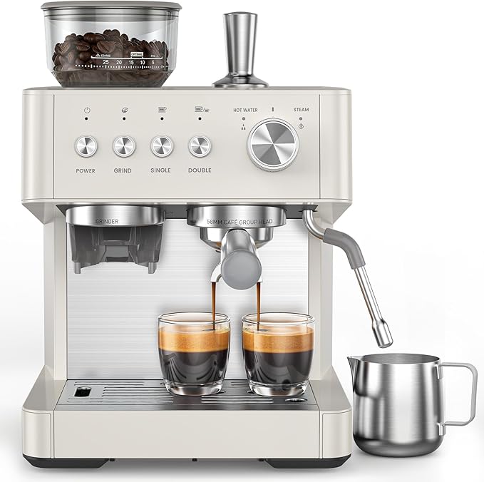 (2026 Upgrade) 20 Bar Espresso Machine with Built-in Anti-Clog Coffee Grinder, Expresso Coffee Machines with Milk Steam Wand/Frother/Tamping Tools,Espresso Maker with Grinder for Lattes-White