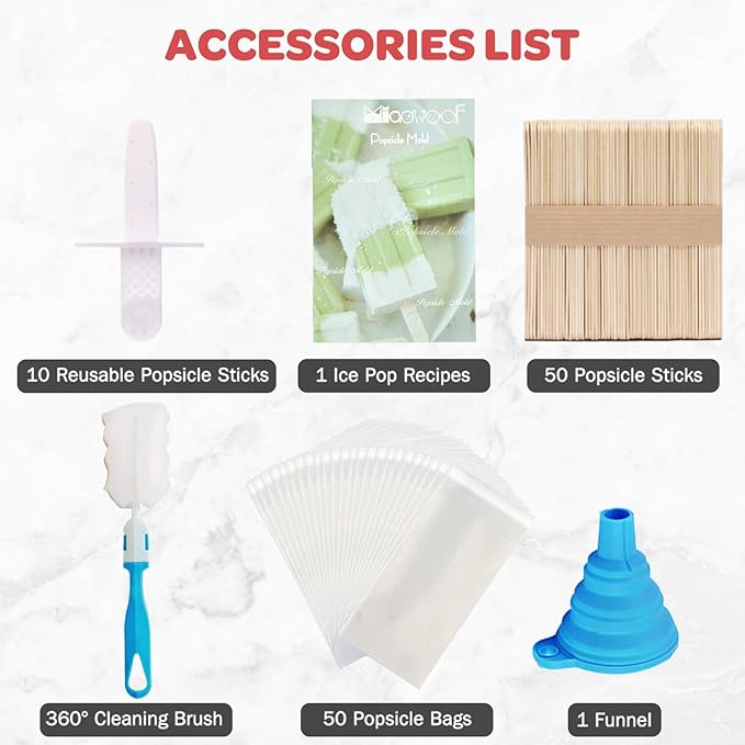 Miaowoof Homemade Popsicle Molds, 10-Cav Non-BPA Silicone Ice Pop Maker, with 50 Sticks, 50 Bags, 10 Reusable Sticks, Funnel, Brush and Ice Pop Recipe (Blue)