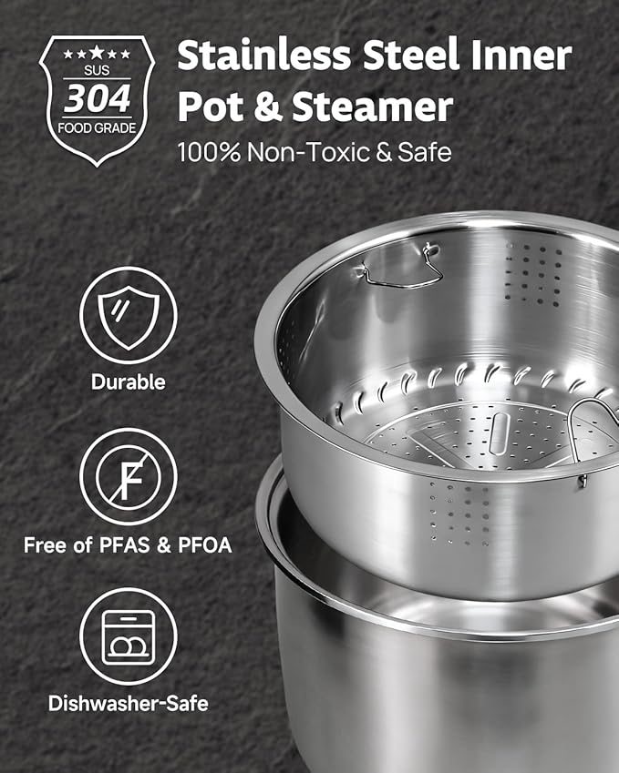 YOKEKON Rice Cooker Stainless Steel Inner Pot PFAS-Free Dishwasher Safe, Low Carb & Low Sugar Large Rice Cookers 8 Cup with Steamer Basket, 24H Delay Timer and Auto Keep Warm Feature,Black