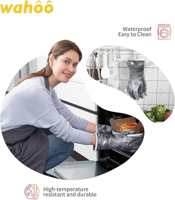 wahoo Liquid Silicone Smoker Oven Gloves, Food-Contact Grade, Heat Resistant Gloves for Cooking, Grilling, Baking, Grey, Medium