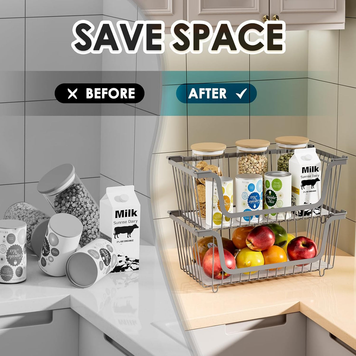 4 Pcs Stackable Wire Baskets for Pantry Organizers and Storage,Vegetable Fruit Basket for Countertop,Kitchen Storage Metal Baskets,Produce Potato Onion Storage Bin,Gray