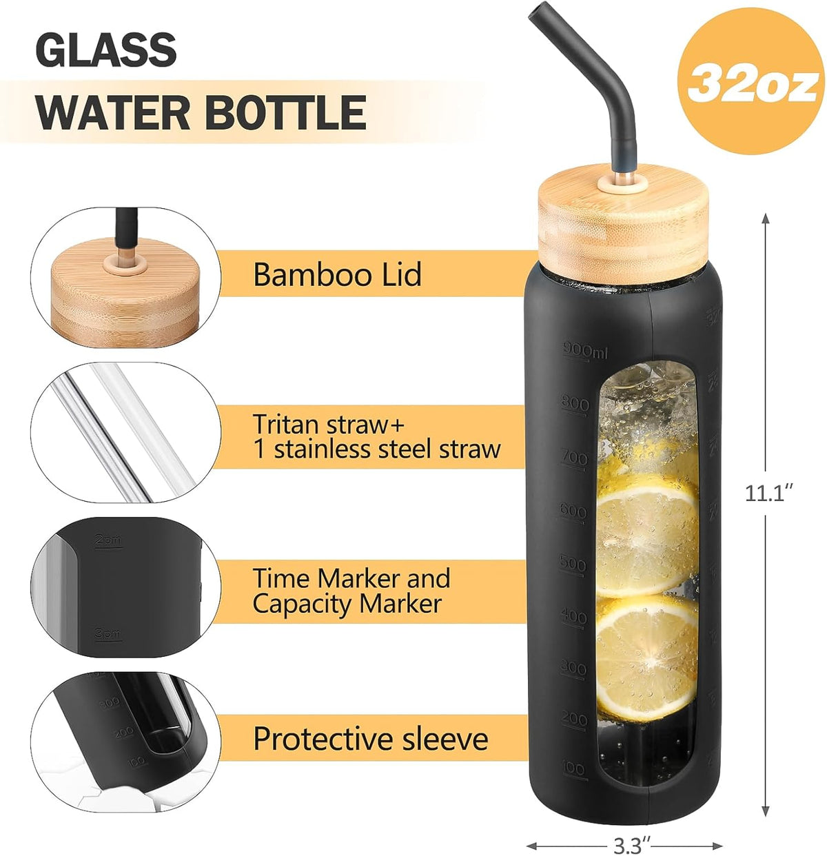 32oz Glass Water Bottle with Straw and 2 Lids- Bamboo Straw and Spout Lid with Phone Holder for Gym, Glass Drinking Bottles with Silicone Sleeve and Motivational Time Marker, Black