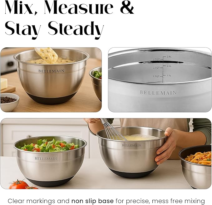 Bellemain Mixing Bowls with Lids Set - Stainless Steel Mixing Bowls with Airtight Lids - Food Storage Containers - 3PCS Set with Non-Slip Bottoms Kitchen Essentials for Baking - Serving