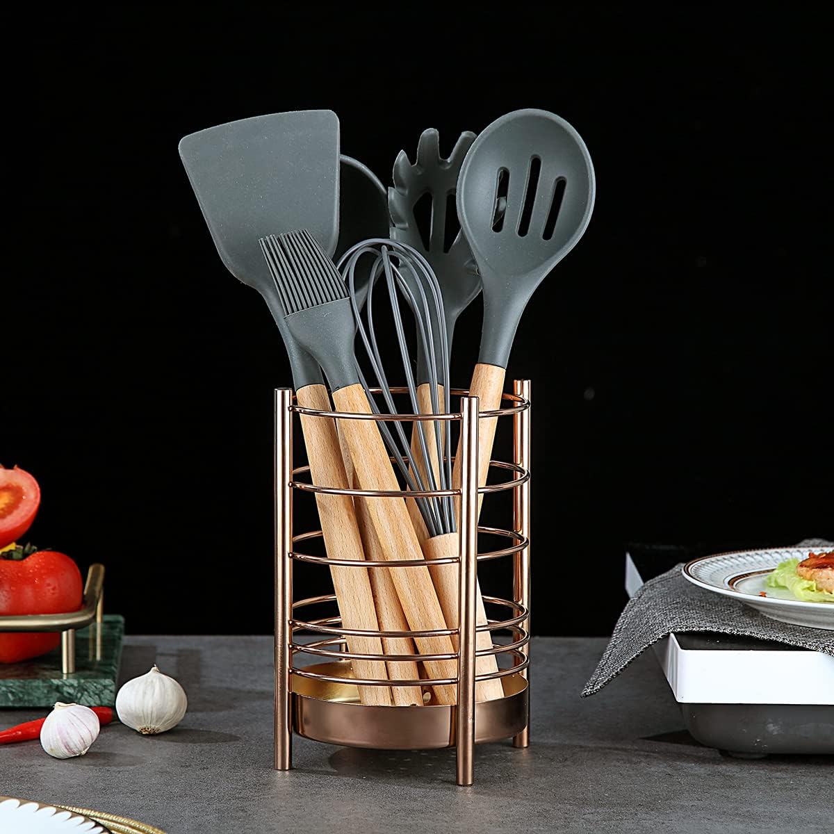 Copper Kitchen Utensil Holder for Kitchen Counter, Stainless Steel Utensil Crocks, Titanium Coating Utensil Storage Caddy Organizer, Cooking Utensil Holder, Easy Cleaning (Rose Gold/7.4''x5.2'')