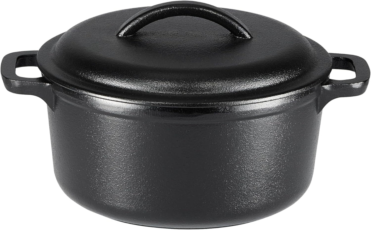 Amazon Basics Round Pre-Seasoned Cast Iron Mini Dutch Oven Pot with Lid and Dual Handles, 2-Quart, Black