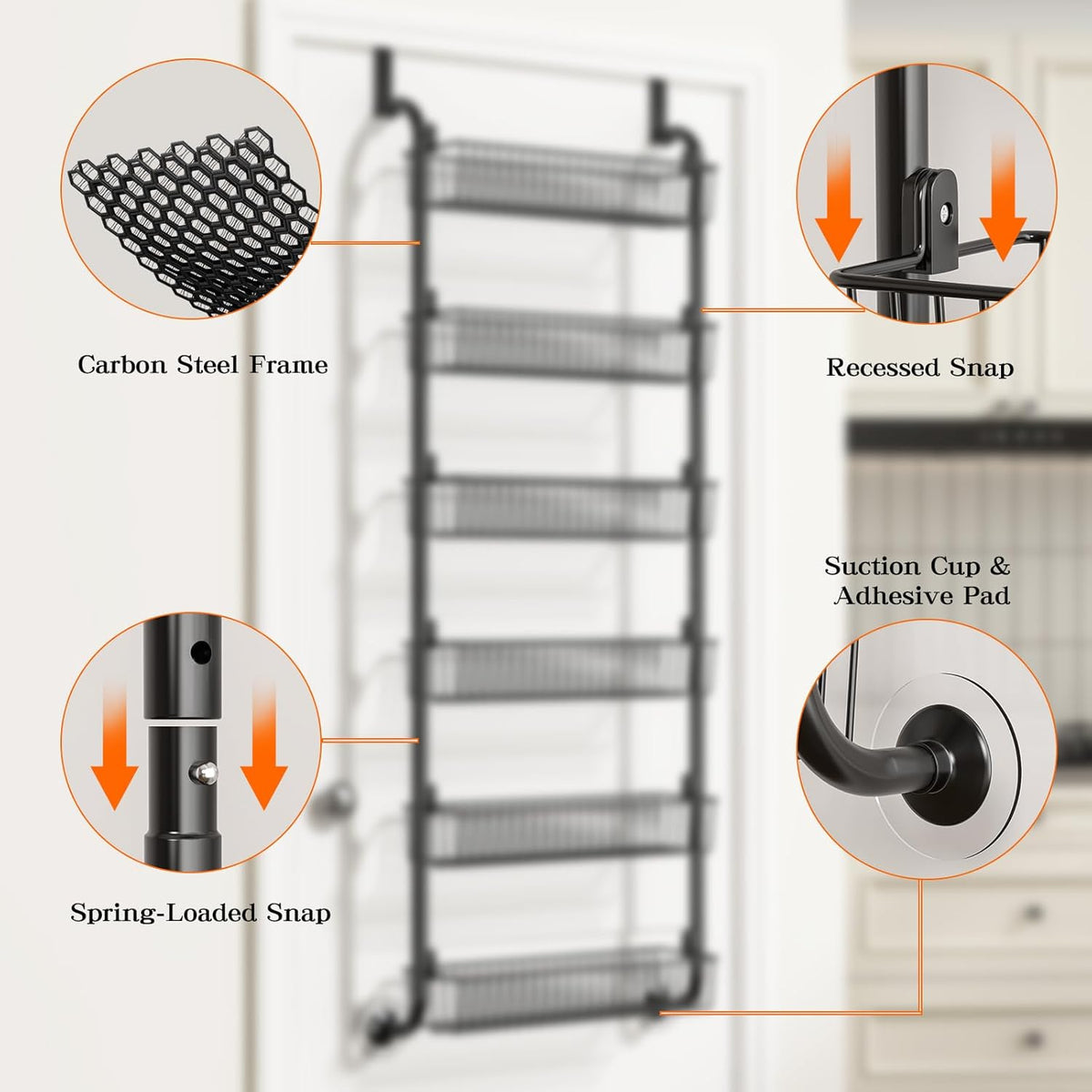 MIAOLI Over The Door Pantry Organizers and Storage, 6-Tier Spice Rack, Home & Kitchen Storage Shelves for Cabinet, Large Capacity Hanging Seasoning Organizer, Laundry Room Organization, Black