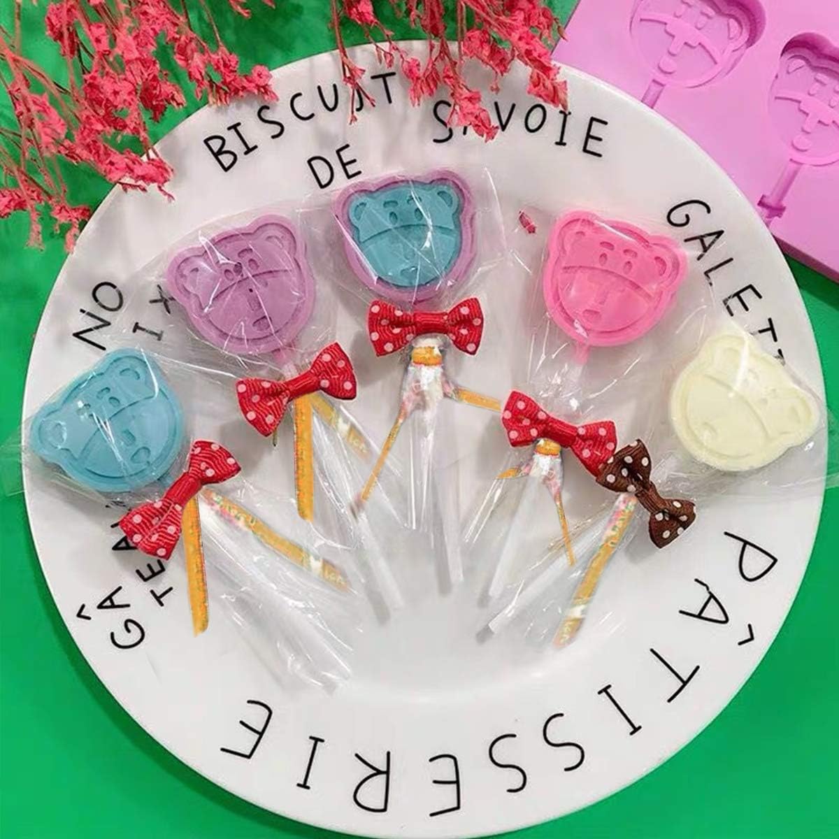 12 Capacity Silicone Bear Lollipop Mold Set, Sucker Molds and Chocolate Hard Candy Mold with 50pcs Lollipop Sucker Sticks, Candy Treat Bags, Gold Ties. (Bear)