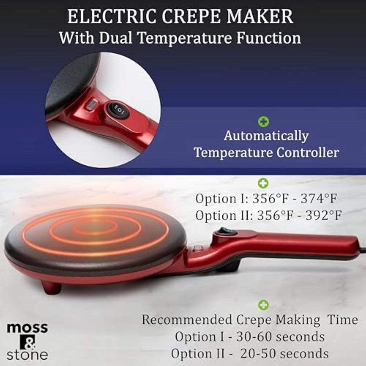 Moss & Stone Electric Crepe Maker 8 Inch, Portable Crepe Maker & Hot Plate Cooktop On/Off Switch, Nonstick Coating, Dual Temperature Setting, Easy To Use For Pancakes, Blintz, Chapati