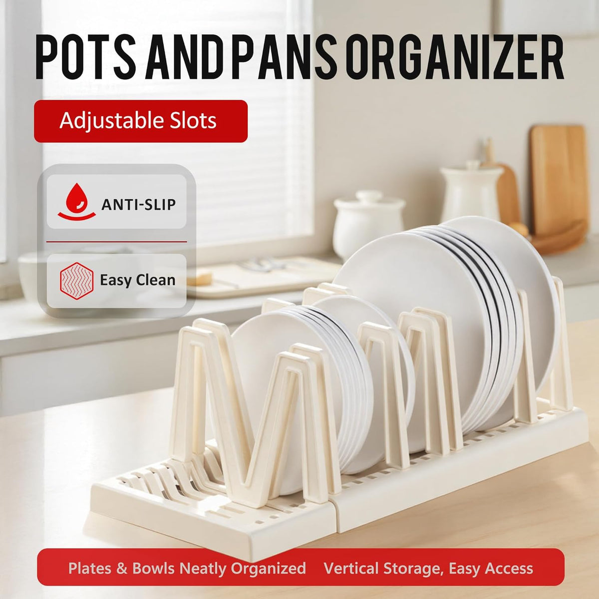Li&Zhao Pots and Pans Organizer under Cabinet - Extended Dining Tray Storage Rack Cutting Board Rack Lid Holders inside Cabinet with 7 Adjustable Compartment for Kitchen Storage(White)