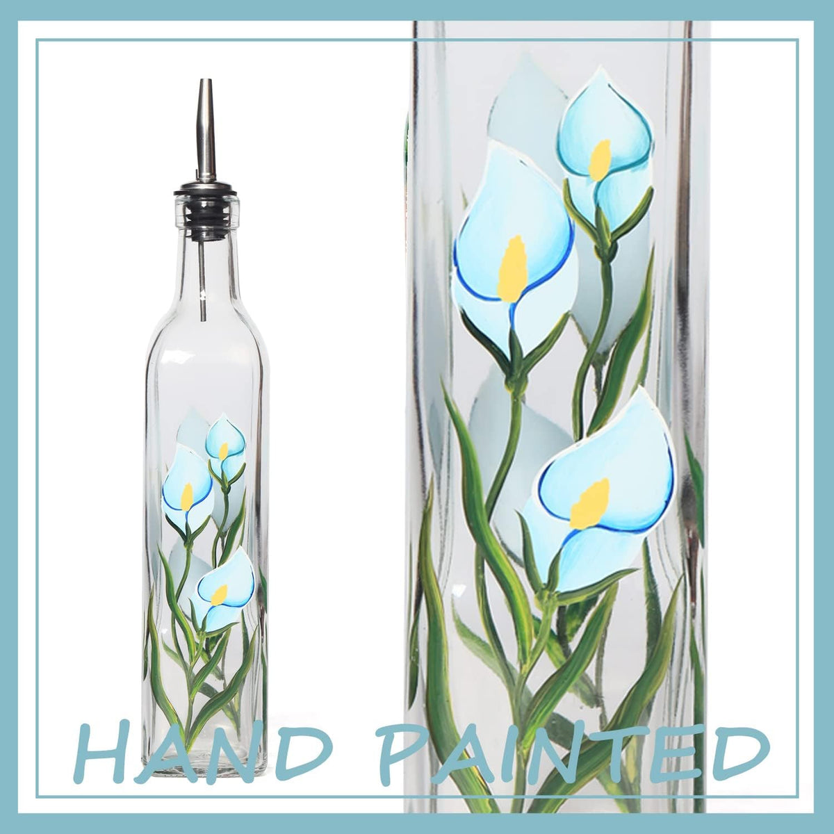 17oz Hand Painted Glass Olive Oil Bottle - 500ml Green Oil & Vinegar Cruet with Pourers - Olive Oil Carafe Decanter for Kitchen (Morning glory)