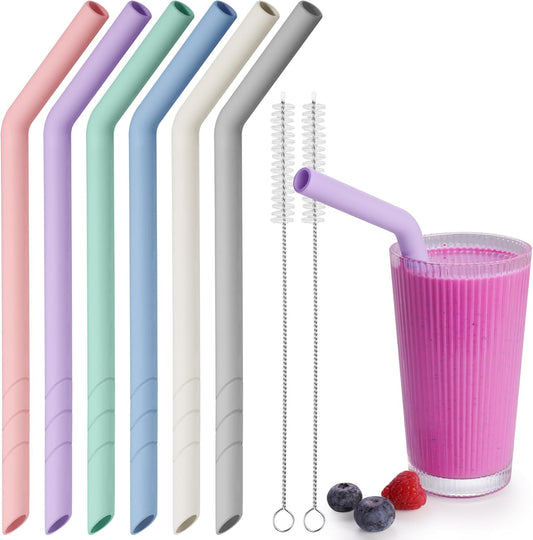 NiHome 6PCS Extra Wide Reusable Bent Silicone Straws for Boba, Smoothies, Bubble Tea, Eco-Friendly Bent Straws for Thick Drinks, Child-Safe, Customizable Length, 2 Brushes Easy Cleaning (Macaron)