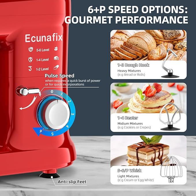 Kitchen Stand Mixer, 6.5Qt Household Stand Mixers, 660W 6+P Speed Tilt-Head Electric Dough Mixer, Food Mixers for Daily Use with Dough Hooks, Whisk, Beater