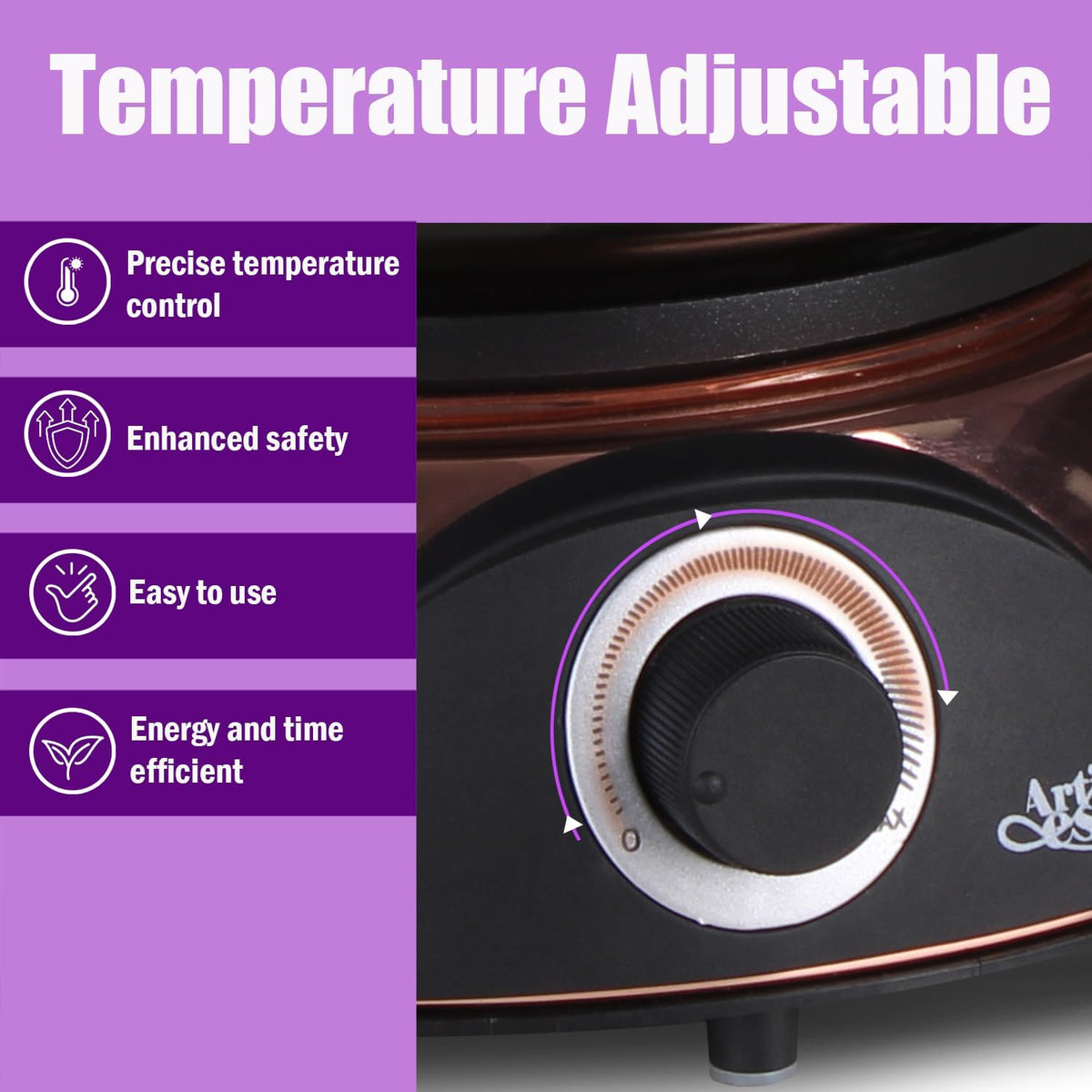 Artestia Swiss Design 2-QT Electric Fondue Pot for Meat, 1500W Ceramic Chocolate Melting Pot with Adjustable Temperature, 6 Fondue Forks, White Ceramic Pot with Rose-Gold Base (Black)