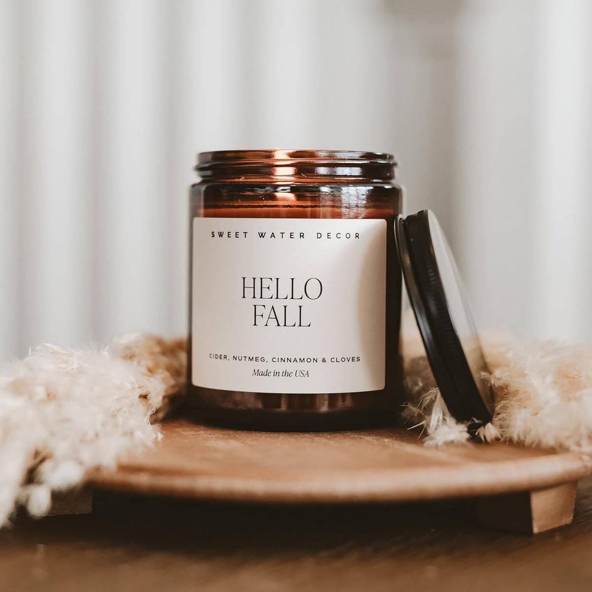 Sweet Water Decor Hello Fall Soy Candles - Fall Candle with Hot Cider, Cinnamon, Cloves, and Nutmeg Scent for Home - Soy Candle with 40 Hours Burn Time - 9Oz Black Lid Amber Jar Candles Fall Scents