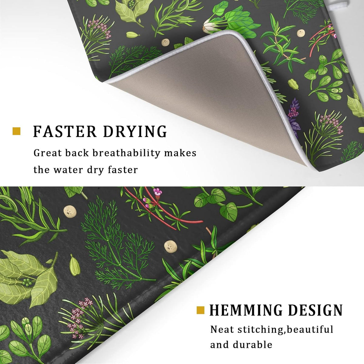 Herbs Dish Drying Mat for Kitchen Counter 18 X 24 Inch Microfiber Absorbent Dish Draining Mats Extra Large Green Plant