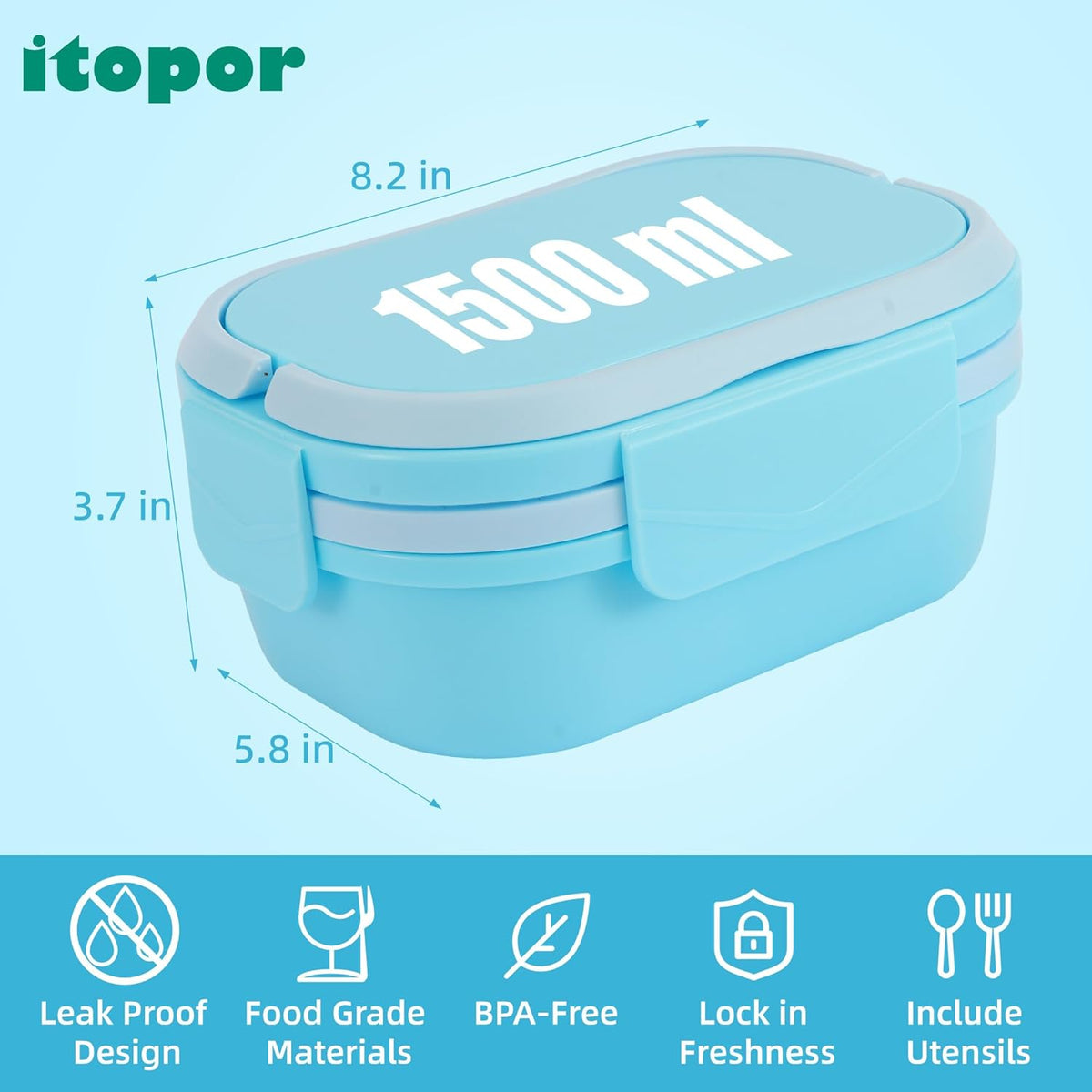 Bento Box Adult Lunch Box with Hidden-Handle, Leak-Proof Lunch Containers for Adults & kids, 2-Layer 5-Compartment 6 Cup with Utensils, Blue