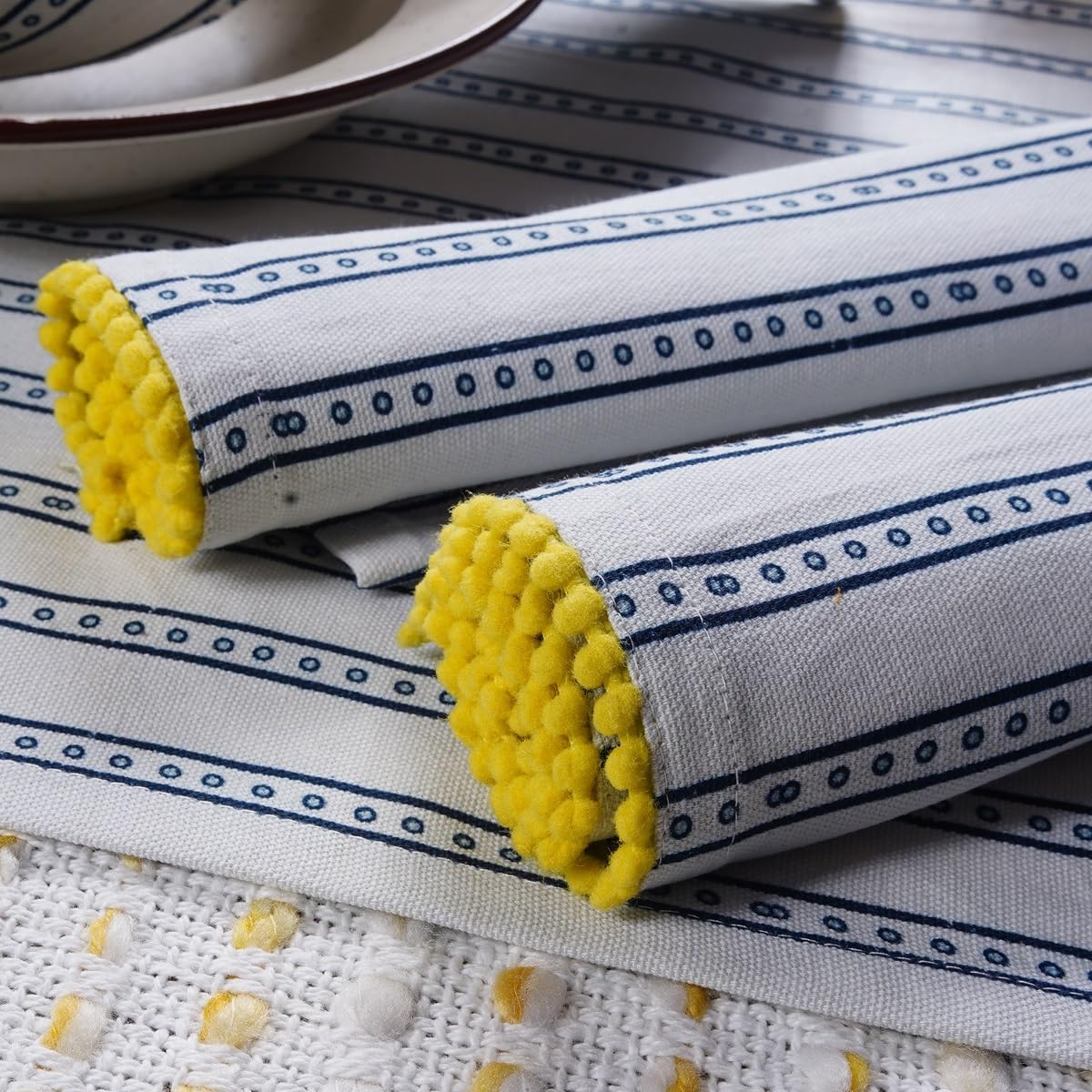 Printed Kitchen Dish Bar and Tea Towels Cotton, 18x28 inch with Trims, Cotton Dish Towel Sets (Blue Stripes, Set of 6)