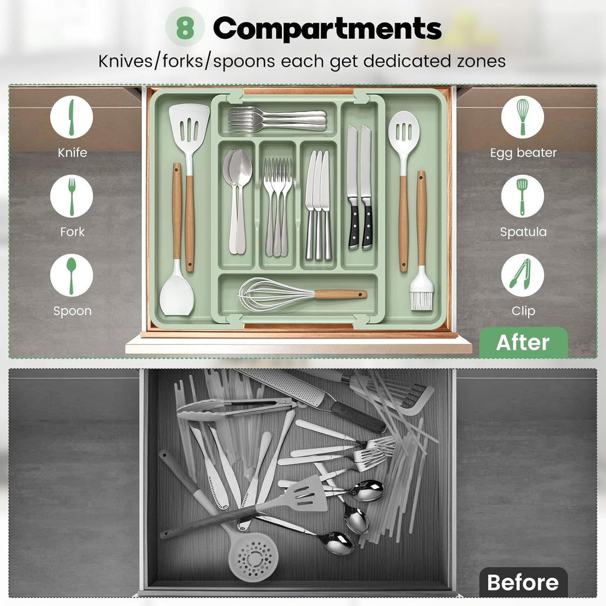 Caperci Large Silverware Organizer for Kitchen Drawer & Utensils - Expandable Drawer Organizer for Cutlery, Flatware & Gadget, BPA-Free Thick Plastic, Wider Compartments & Non-skid Feet (Sage Green)