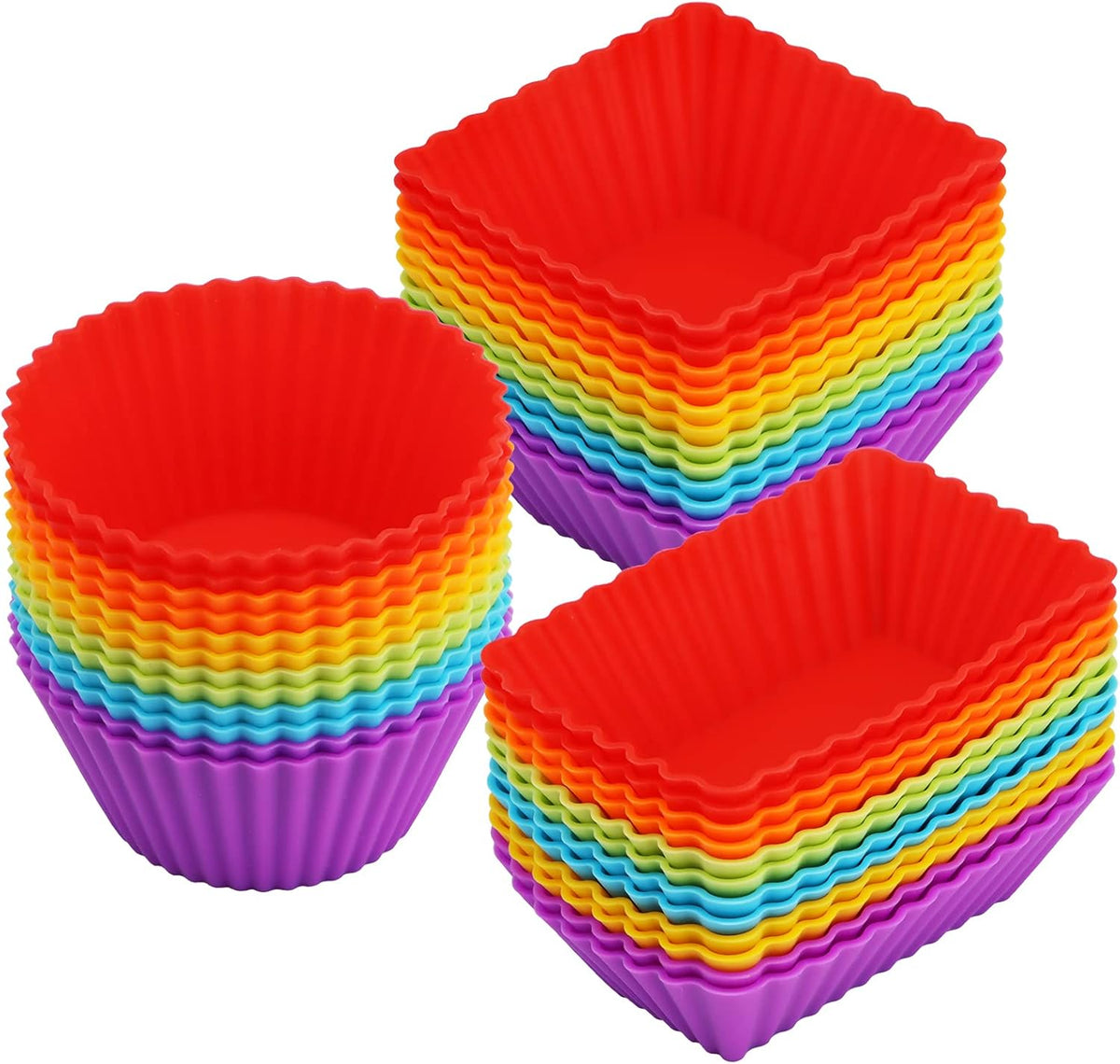 36-Pack Silicone Cupcake Liners, Reusable Muffin Cups – Round, Square & Rectangle Baking Cups, Non-Stick, Easy to Clean, Bento Box Accessories, Lunch Box Dividers for Kids(36 Liners + 20 Animal Picks)
