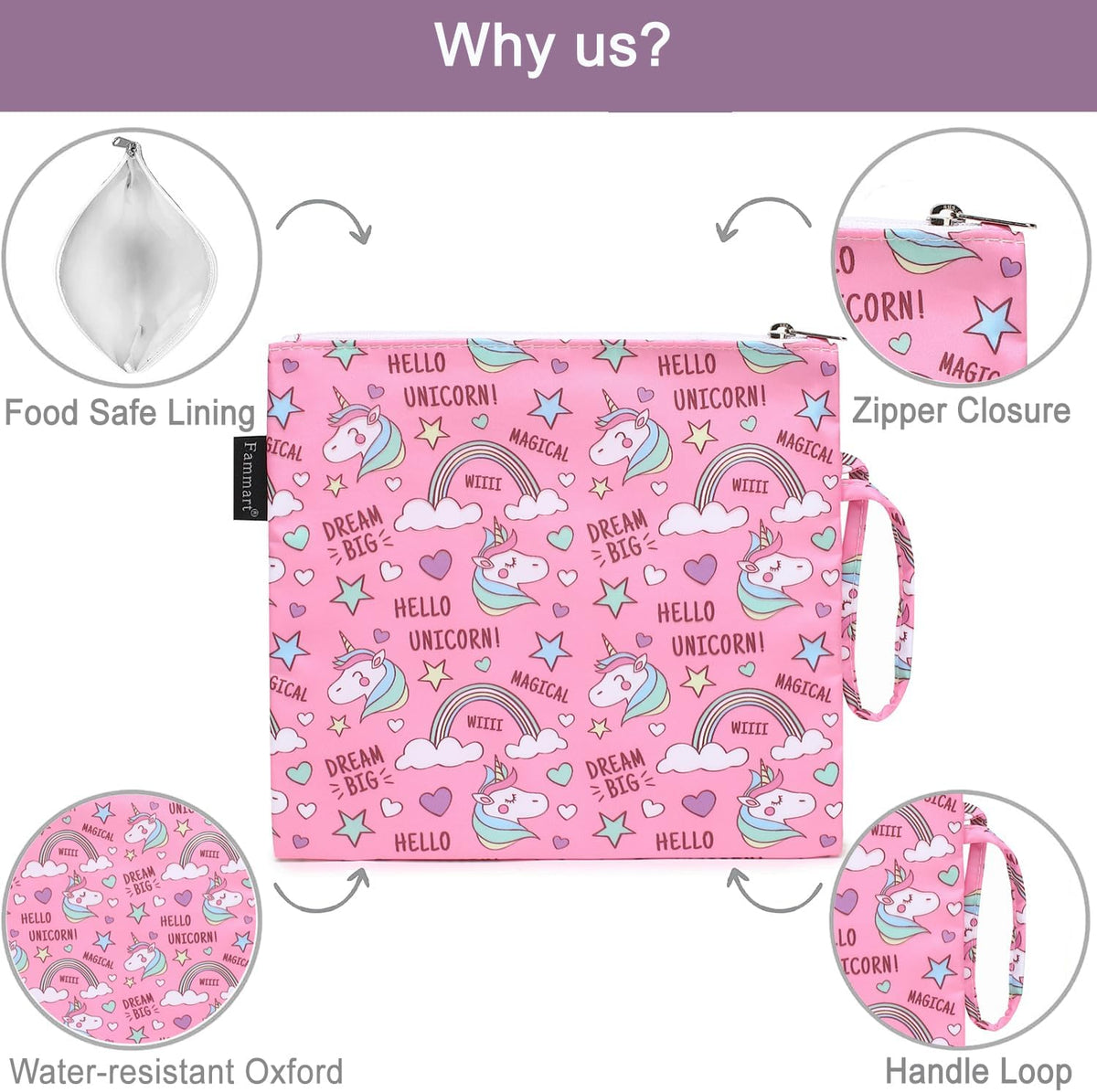 Reusable Sandwich Bag/Snack Bag for Kids & Adults, Dual Layer Lunch Bag with Handle, Washable, Food Safe, BPA Free (1-Pack, Rainbow Unicorn)