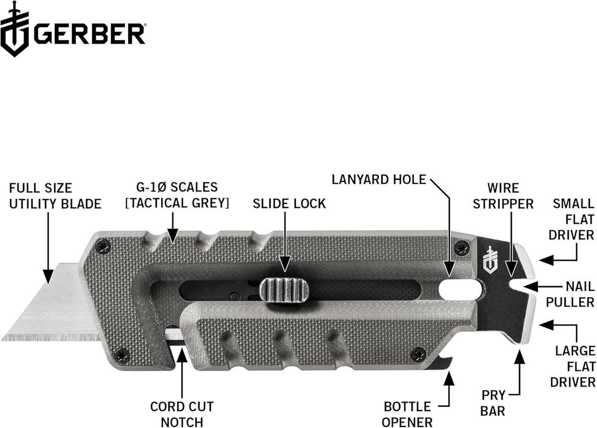 Gerber Gear Prybrid, Box Cutter Retractable Blade, Heavy Duty Utility Knife with Pry Bar, Bottle Opener, and Wire Stripper - Multi tool Pocket Knife - EDC Gear - Blue